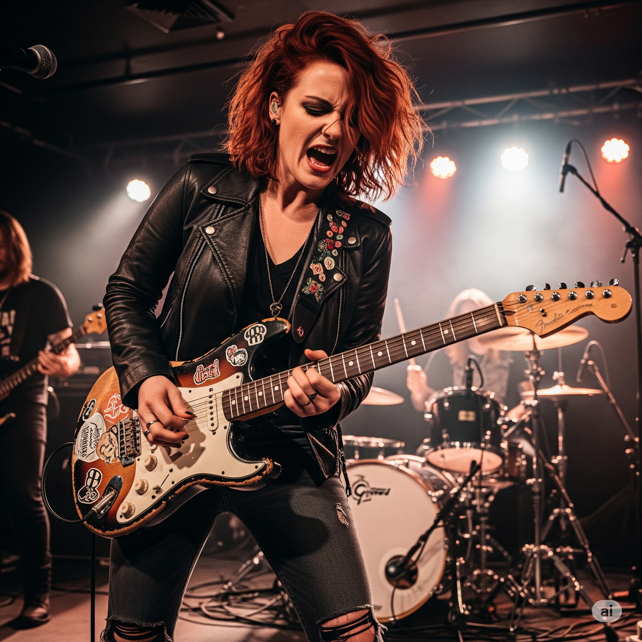 Rockmusikerin auf der Bühne, die Gitarre spielt, Künstlermanagement